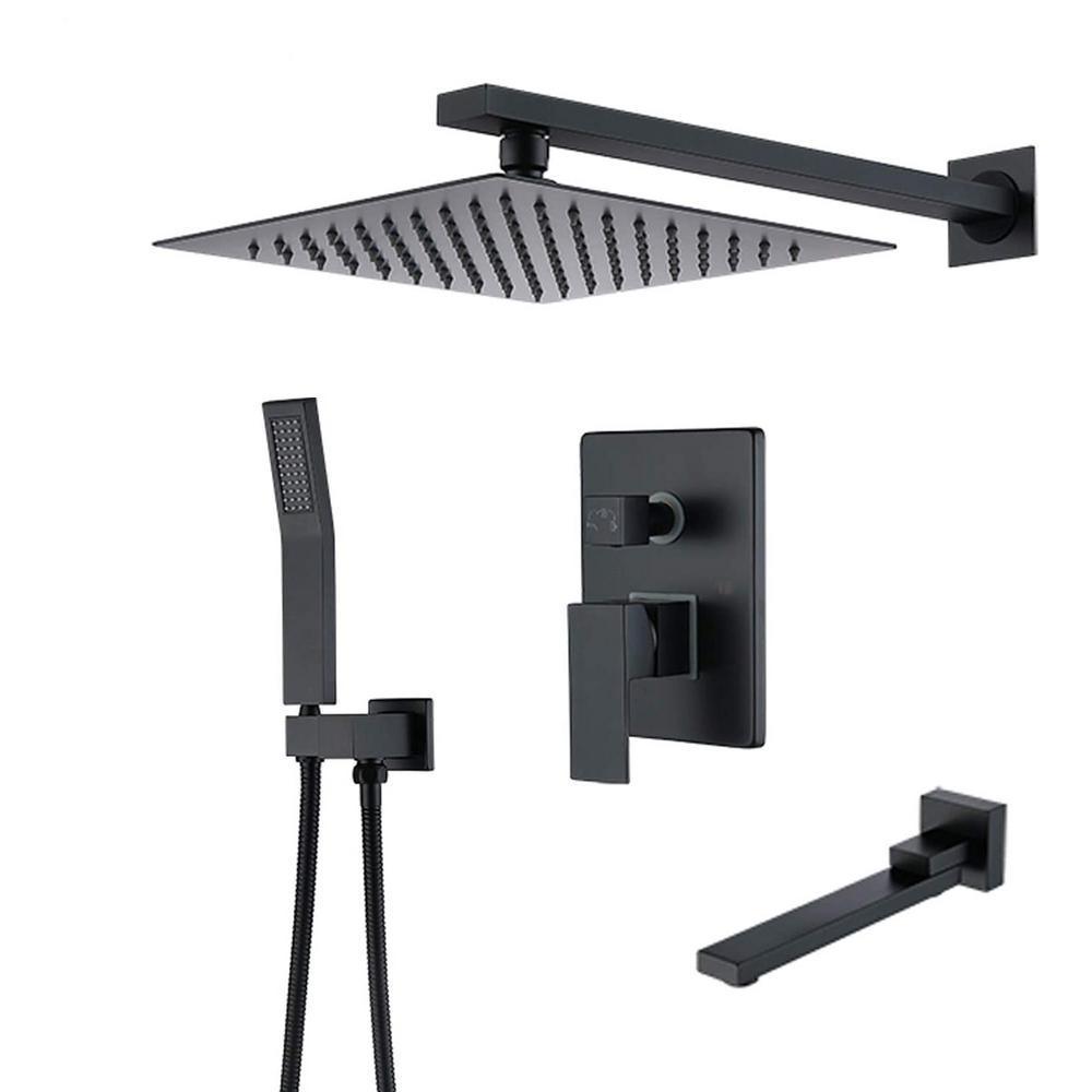 Single Handle 1-Spray High Pressure Tub and Shower Faucet with Hand Shower in Matte Black Ceramic Disc (Valve Included)