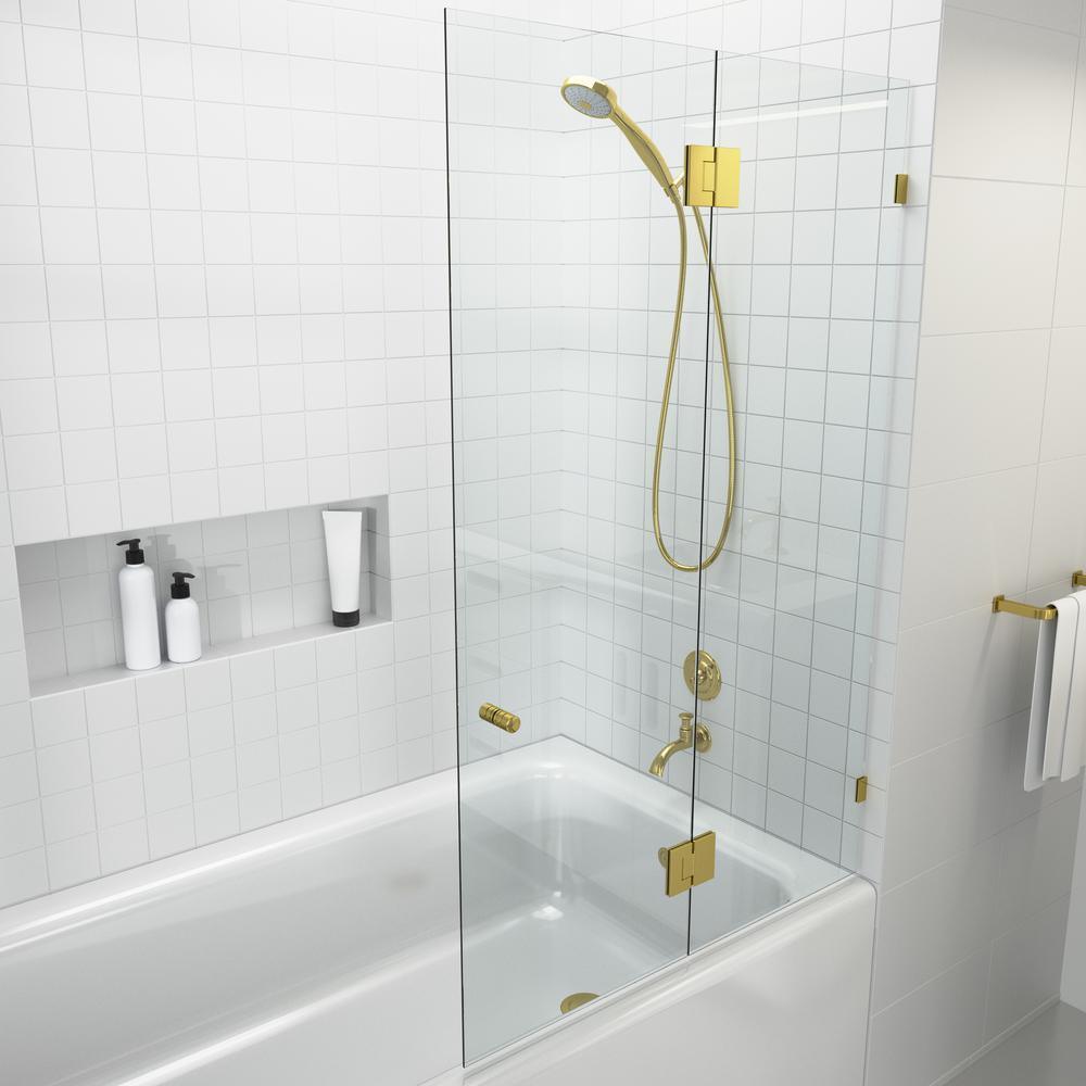 34 in. x 58 in. Frameless Glass Hinged Bathtub Door in Polished Brass