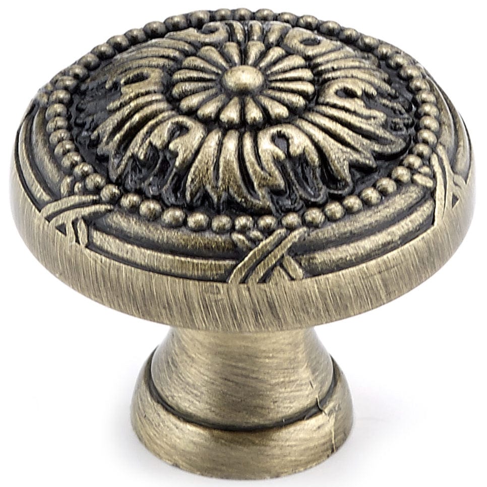 Traditional Metal Knob with Decorative Detailing - 1-1/4" Diameter - Antique English