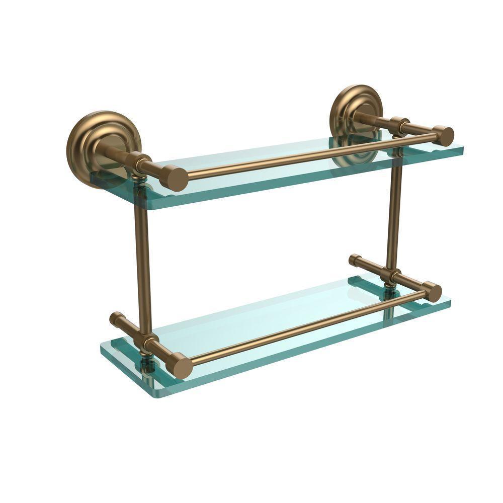 Que New 16 in. L x 8 in. H x 5 in. W 2-Tier Clear Glass Bathroom Shelf with Gallery Rail in Brushed Bronze