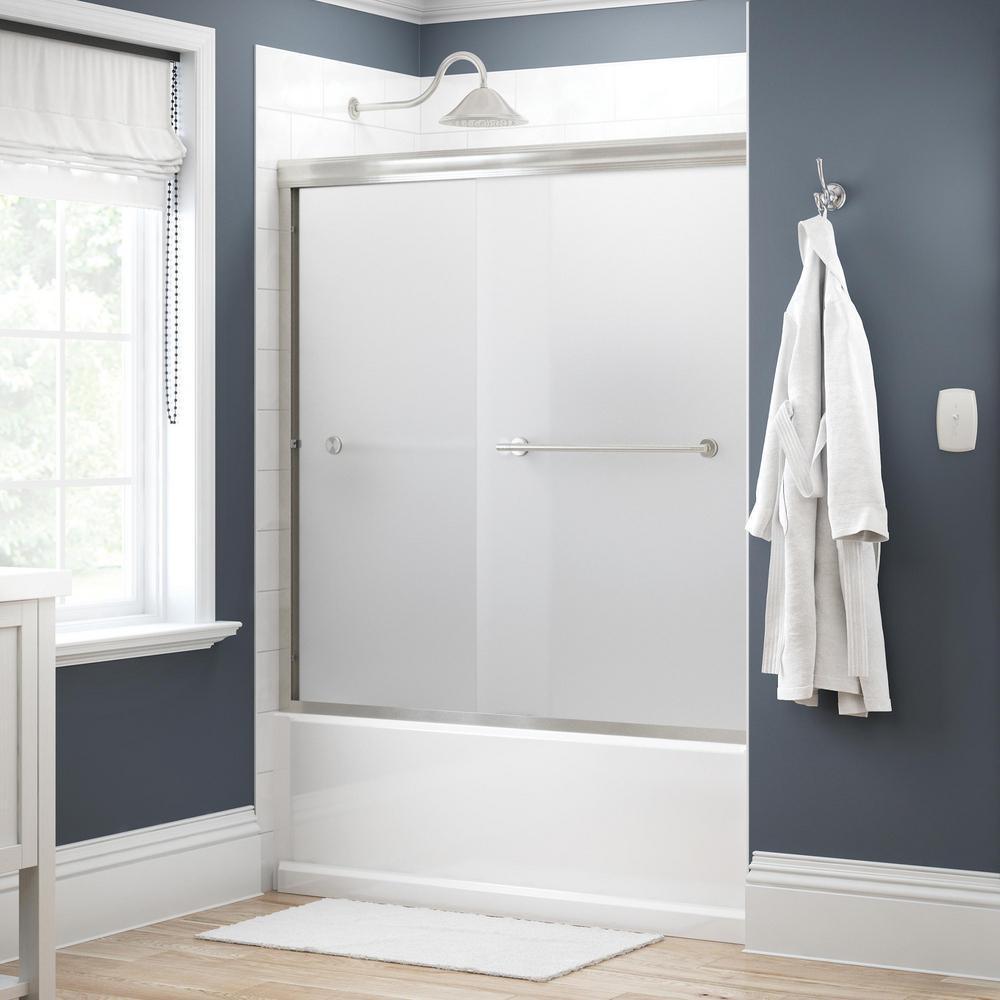 Lyndall 60 in. x 58-1/8 in. Semi-Frameless Traditional Sliding Bathtub Door in Nickel with Niebla Glass