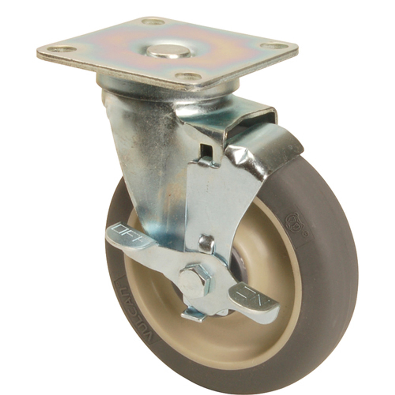 1201186 - Mavrik - Medium-Duty 5" Plate Caster with Brake Gray polyurethane wheel with plastic hub