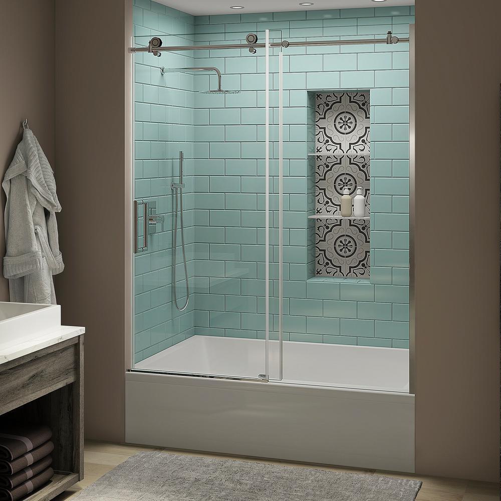Coraline XL 56 - 60 in. x 70 in. Frameless Sliding Tub Door with StarCast Clear Glass in Polished Chrome, Left Opening