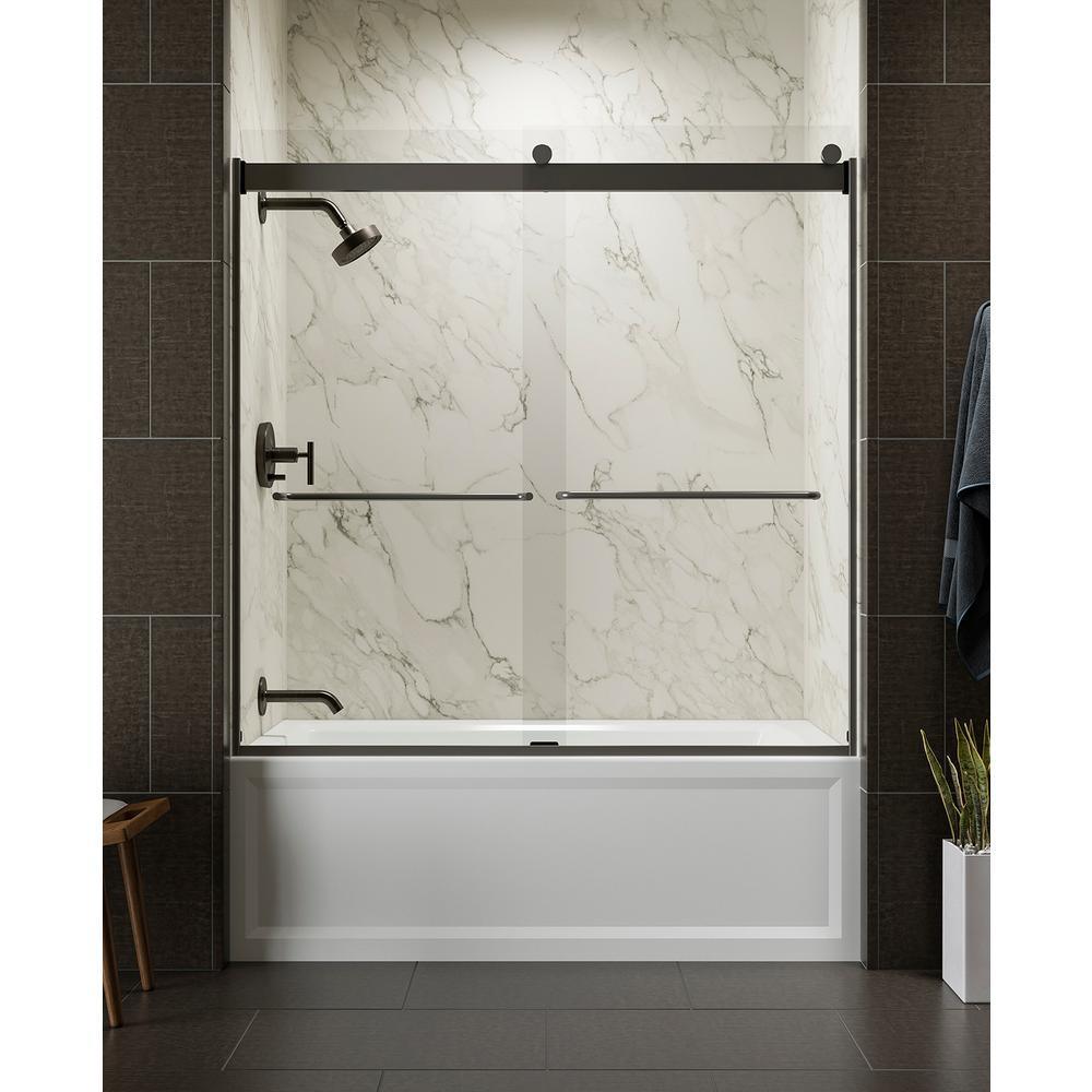 Levity 59.625 in. W x 59.75 in. H Frameless Sliding Tub Door with Towel Bars in Anodized Dark Bronze