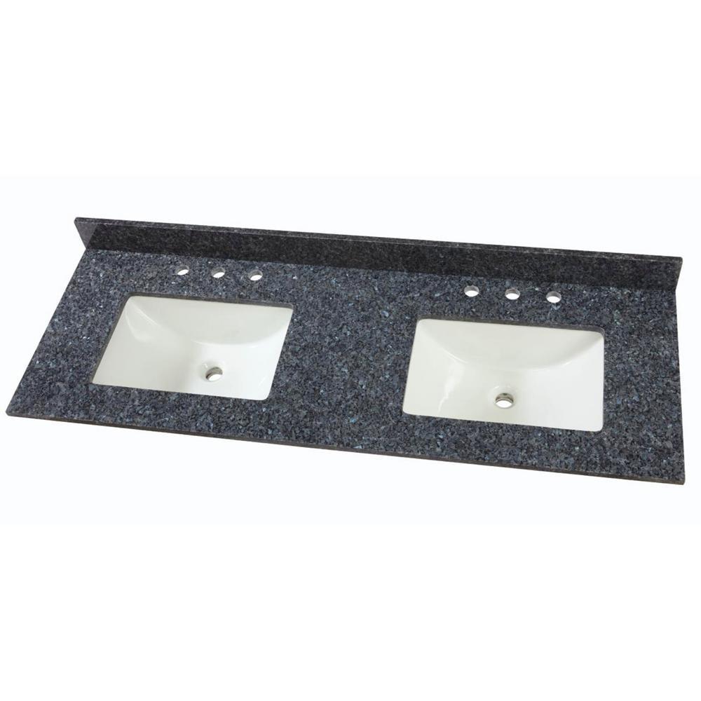61 in. W Granite Double Sink Vanity Top in Blue Pearl with White Trough Sinks