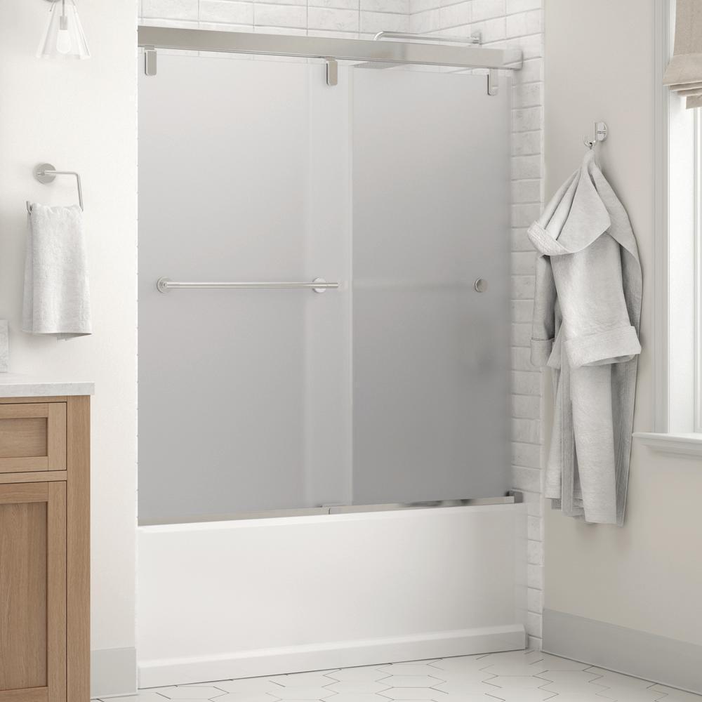 Lyndall 60 x 59-1/4 in. Frameless Mod Soft-Close Sliding Bathtub Door in Chrome with 1/4 in. (6mm) Niebla Glass