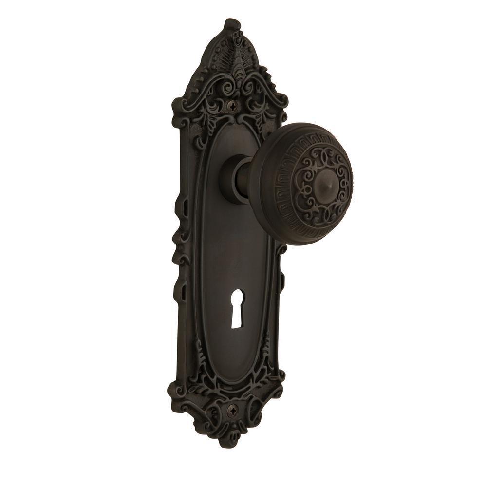 Victorian Plate with Keyhole 2-3/8 in. Backset Oil-Rubbed Bronze Privacy Bed/Bath Egg and Dart Door Knob
