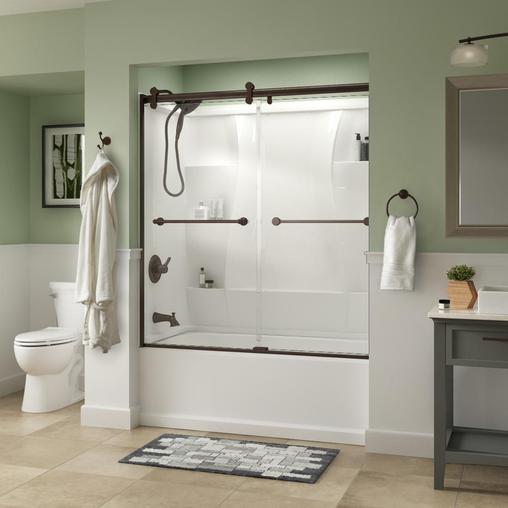 Crestfield 60 x 58-3/4 in. Frameless Contemporary Sliding Bathtub Door in Bronze with Clear Glass