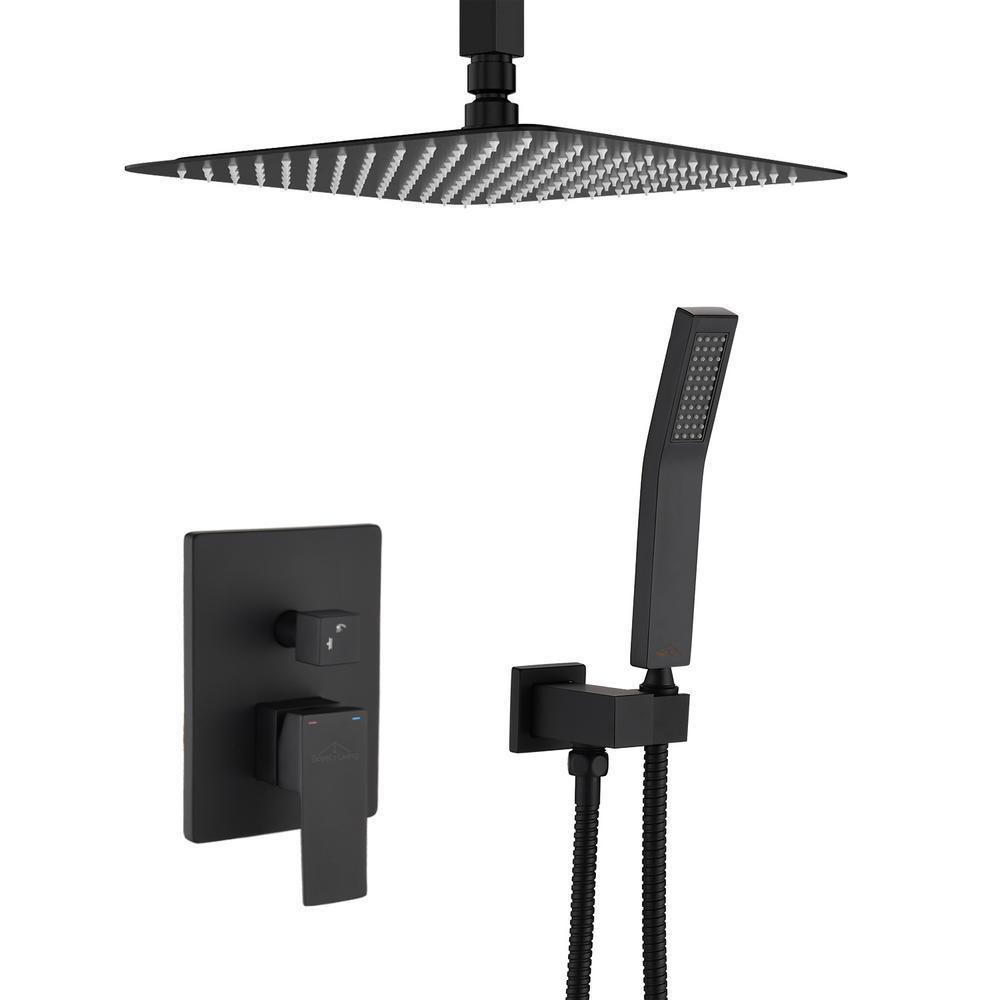 Shower System Ceiling Mounted with 12 in. Square Rainfall Shower head and Handheld Shower Head Set, Matte Black