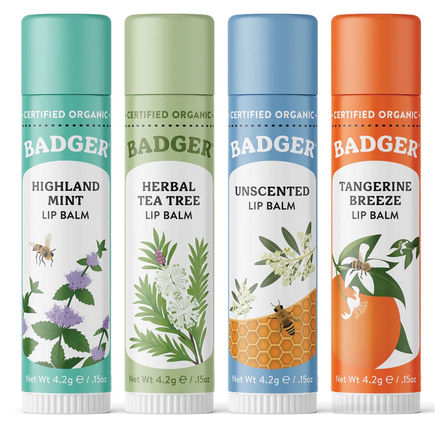 Badger Classic Lip Balm 4-Pack: Soothing Green Lip Balm Set