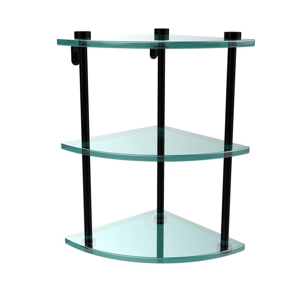 8 in. L x 15 in. H x 8 in. W 3-Tier Corner Clear Glass Bathroom Shelf in Matte Black