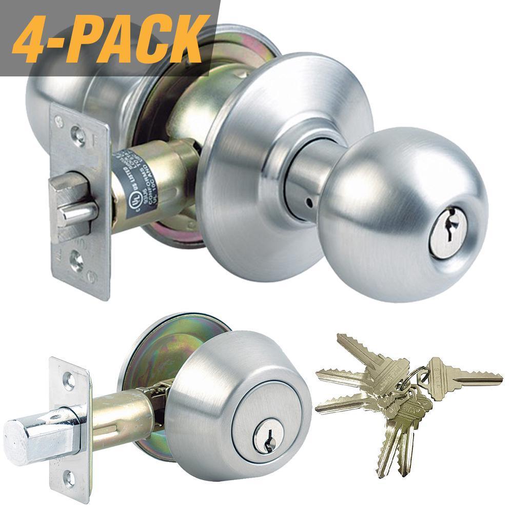 Stainless Steel Grade-3 Entry Door Knob Combo Lock Set with Deadbolt and 24 SC1 Keys Total, (4-Pack, Keyed Alike)