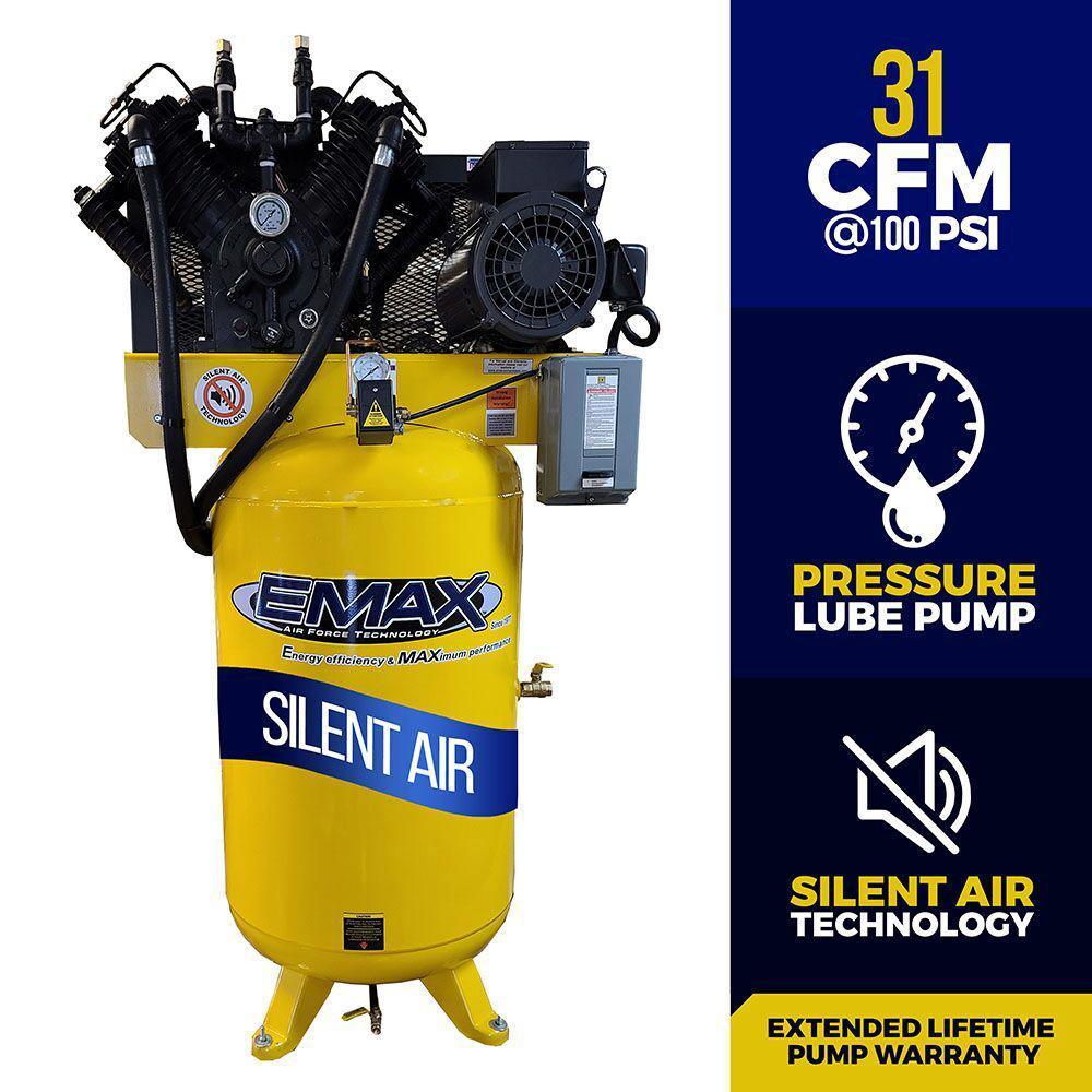 Industrial Series 80 Gal. 7.5 HP 1-Phase Silent Air Electric Air Compressor with Pressure Lubricated Pump