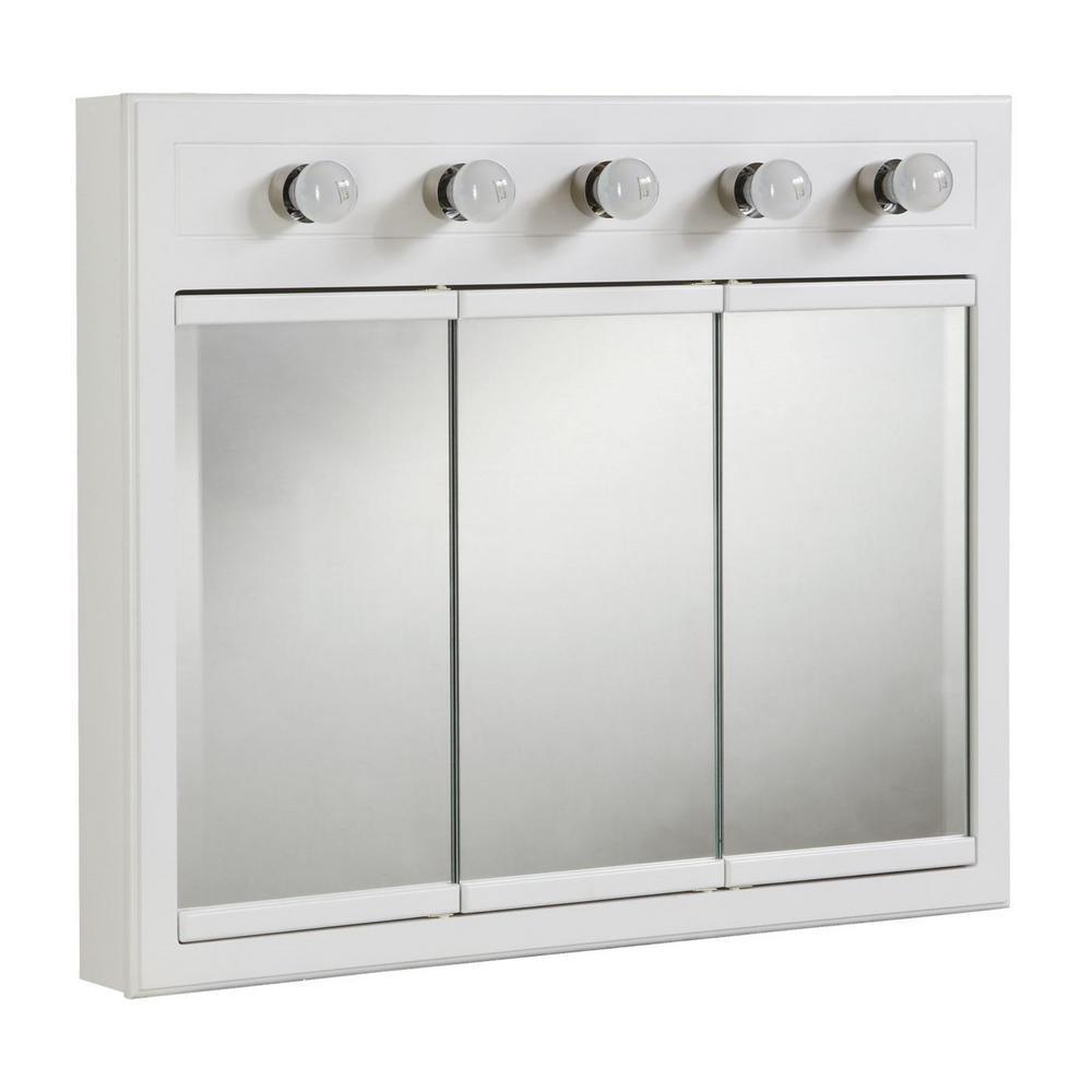 Concord 36 in. W x 30 in. H x 5 in. D Framed 5-Light Tri-View Surface-Mount Bathroom Medicine Cabinet in White Gloss