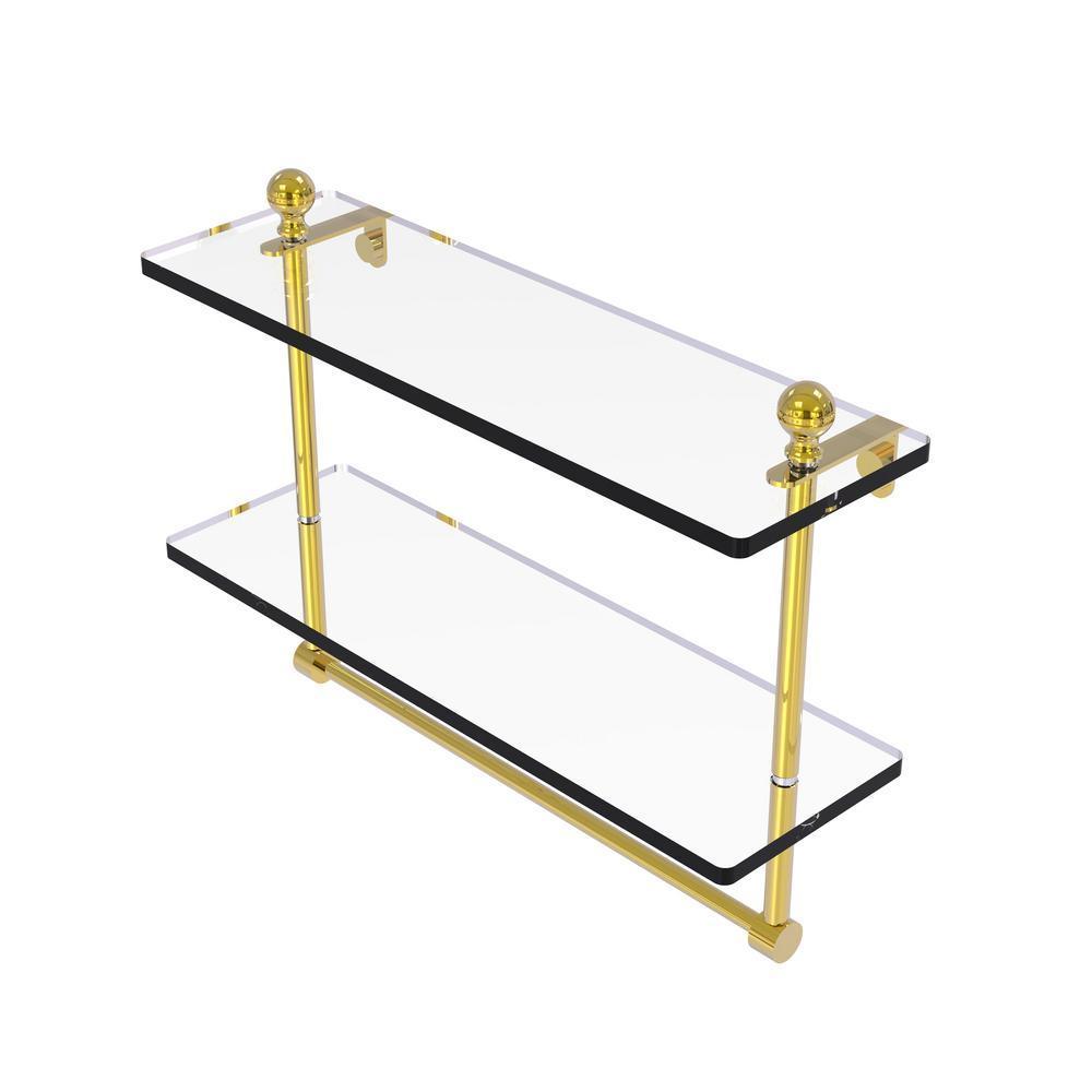 Mambo Collection 16 in. Two Tiered Glass Shelf with Integrated Towel Bar in Unlacquered Brass