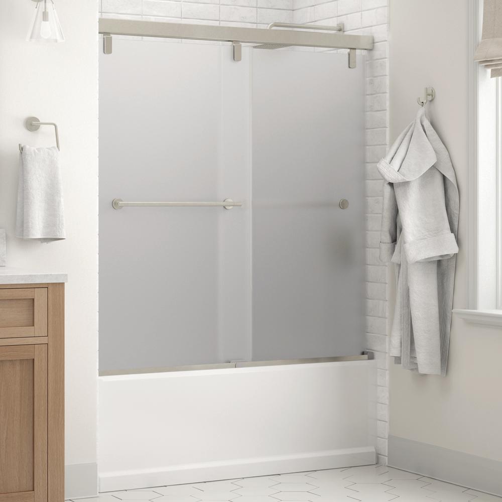 Lyndall 60 x 59-1/4 in. Frameless Mod Soft-Close Sliding Bathtub Door in Nickel with 1/4 in. (6mm) Niebla Glass