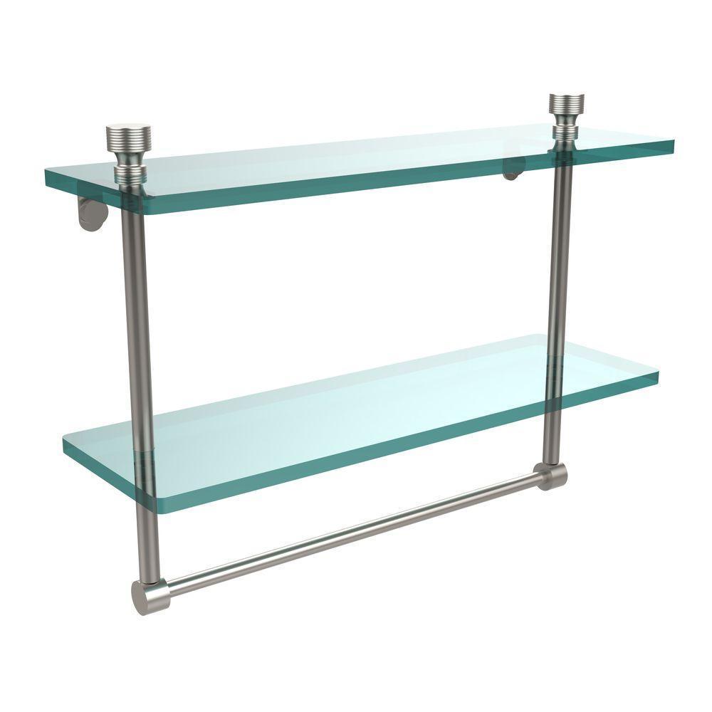 Foxtrot 16 in. L x 12 in. H x 5 in. W 2-Tier Clear Glass Bathroom Shelf with Towel Bar in Satin Nickel
