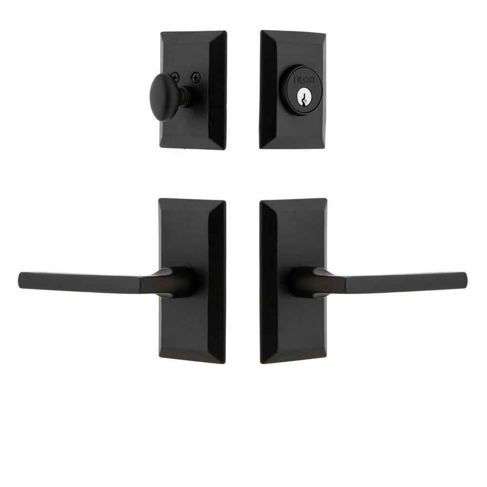 Vale Plate Black Iron Door Handleset Combo Pack with Dirk Door Lever
