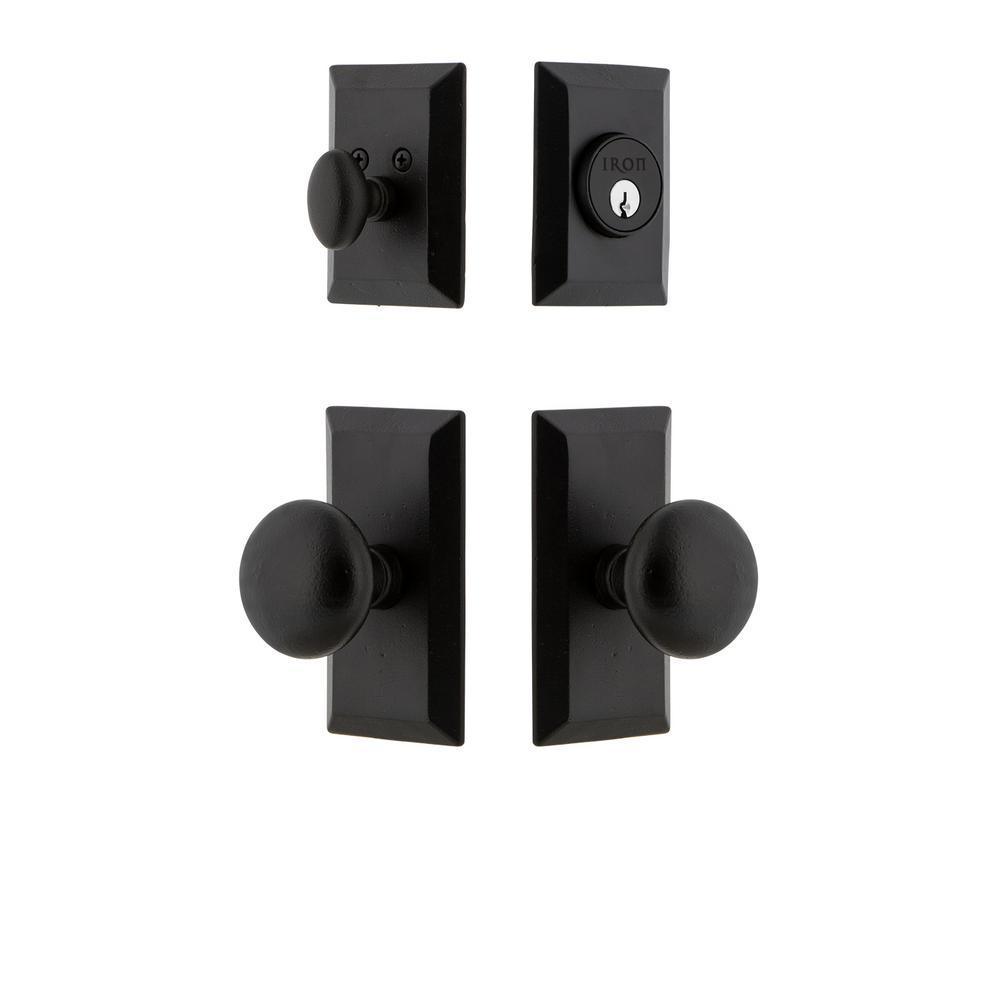 Vale Plate Black Iron Door Handleset Combo Pack with Keep Door Knob