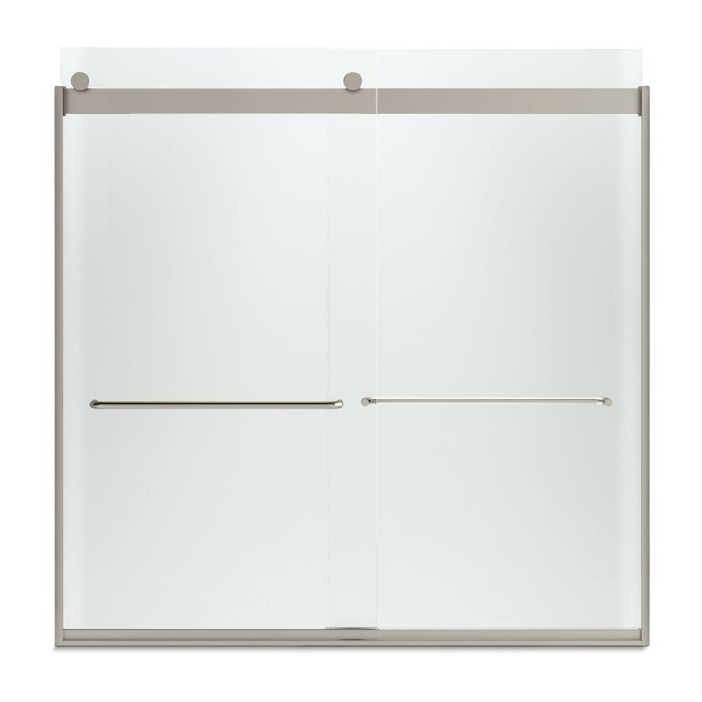 Levity 59 in. x 62 in. Semi-Frameless Sliding Tub Door in Nickel with Handle and Frosted Glass
