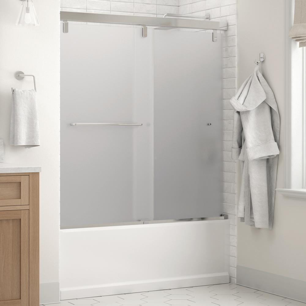 Simplicity 60 x 59-1/4 in. Frameless Mod Soft-Close Sliding Bathtub Door in Chrome with 1/4 in. (6mm) Niebla Glass