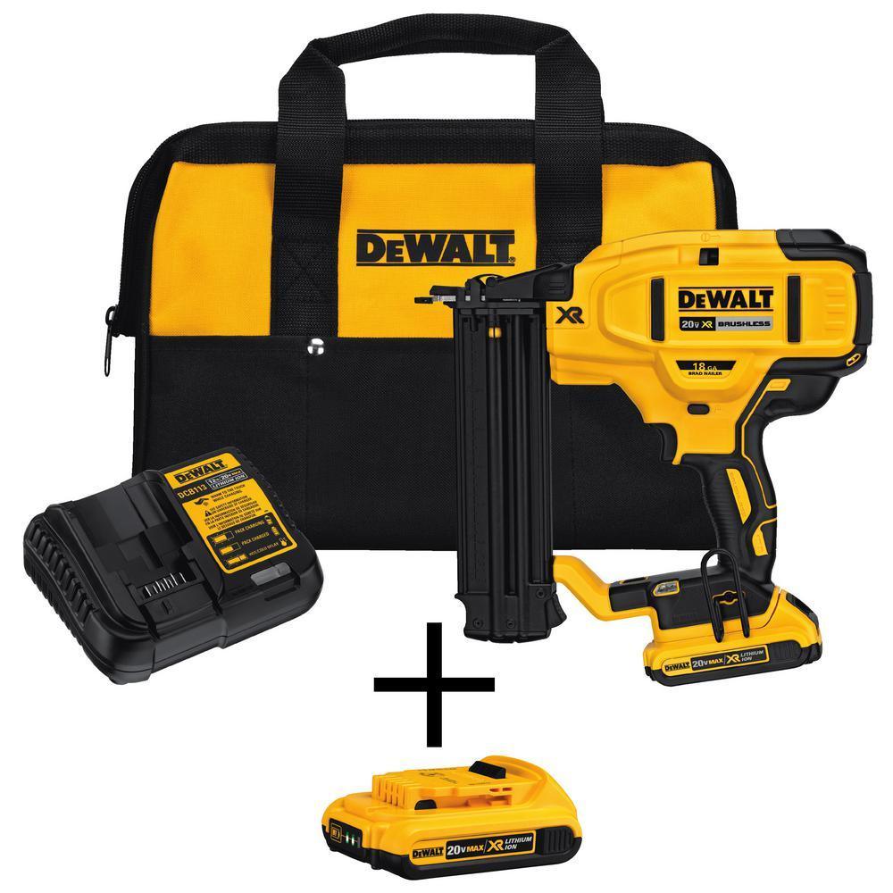 20-Volt Max Lithium-Ion 18-Gauge Cordless Brad Nailer Kit with Bonus Lithium-Ion Compact Battery Pack 2.0Ah