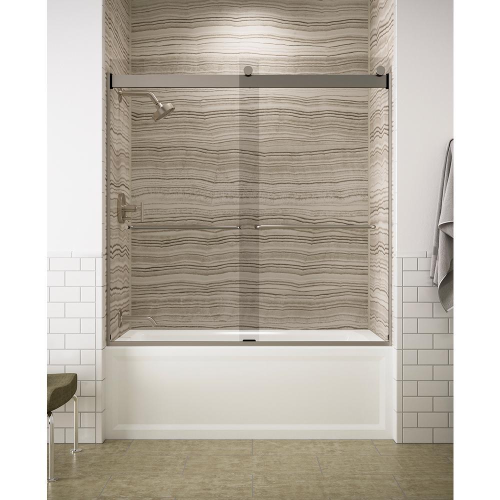 Levity 59 in. x 62 in. Semi-Frameless Sliding Tub Door in Nickel with Handle and Clear Glass