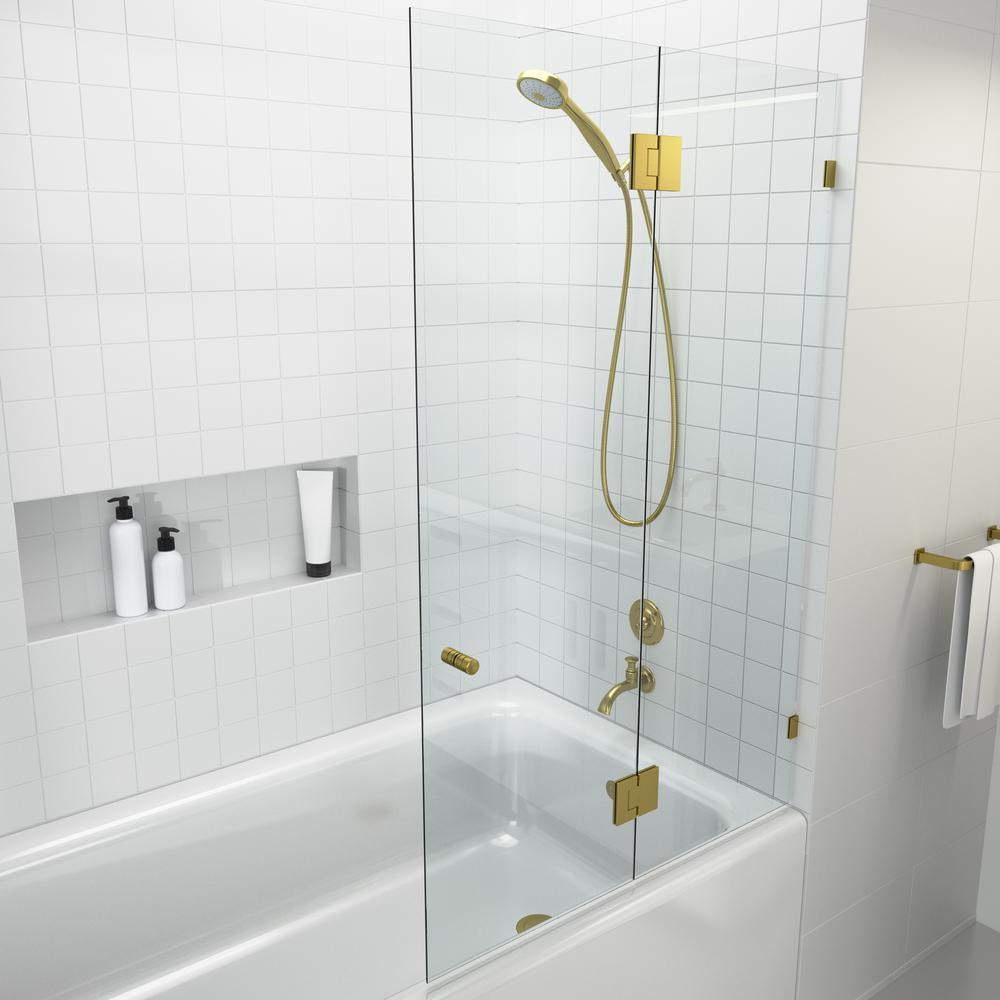 34 in. x 58 in. Frameless Glass Hinged Bathtub Door in Satin Brass