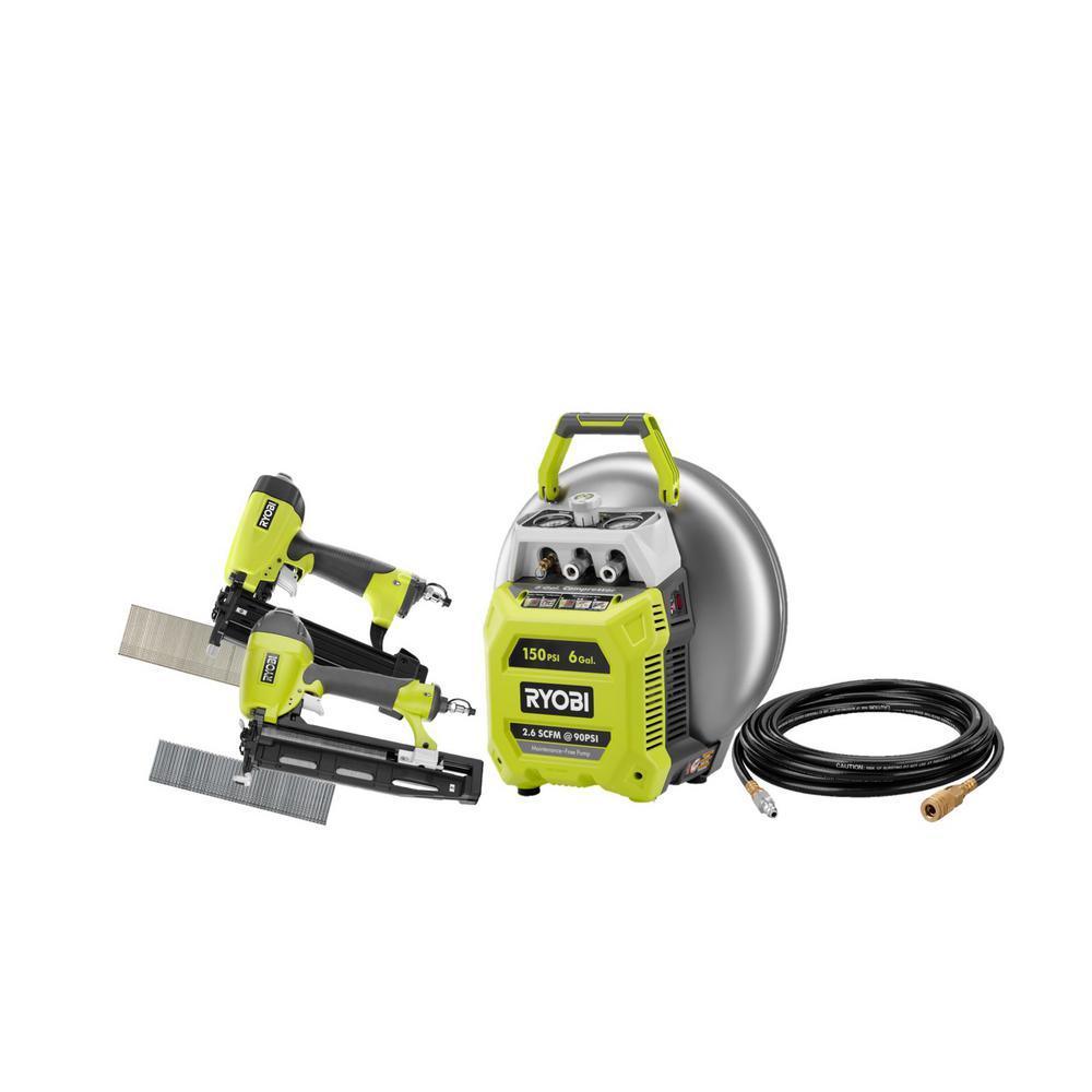 6 Gal. Electric Pancake Air Compressor w/ 18-Gauge 2-1/8 in. Brad Nailer, 16-Gauge 2-1/2 in. Finish Nailer, 25 ft. Hose