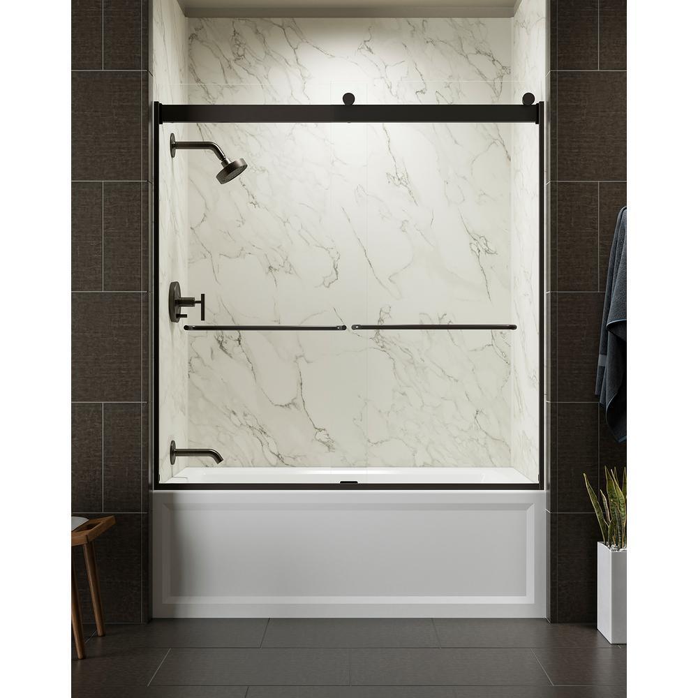 Levity 59.625 in. W x 62 in. H Frameless Sliding Tub Door with Handles in Anodized Dark Bronze