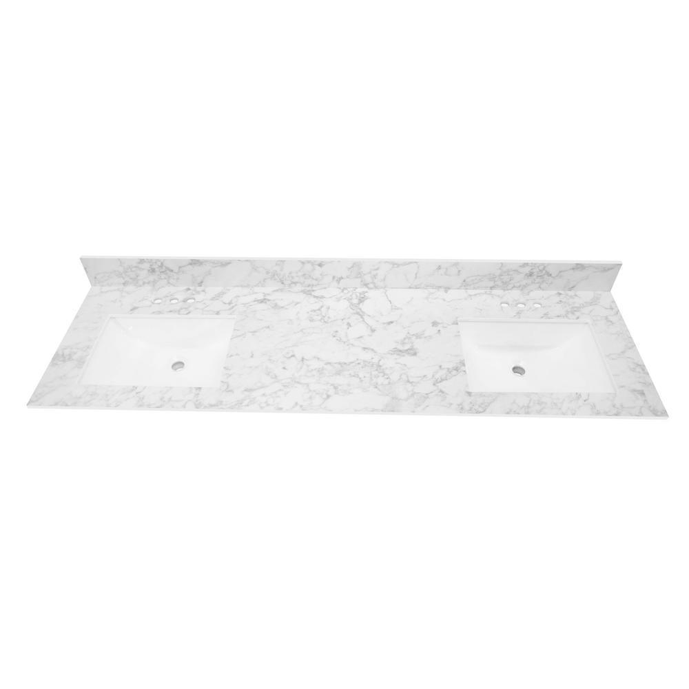 73 in. W x 22 in. Vanity Top in Volakas Marble with Double White Sinks and 4 in. Faucet Spread