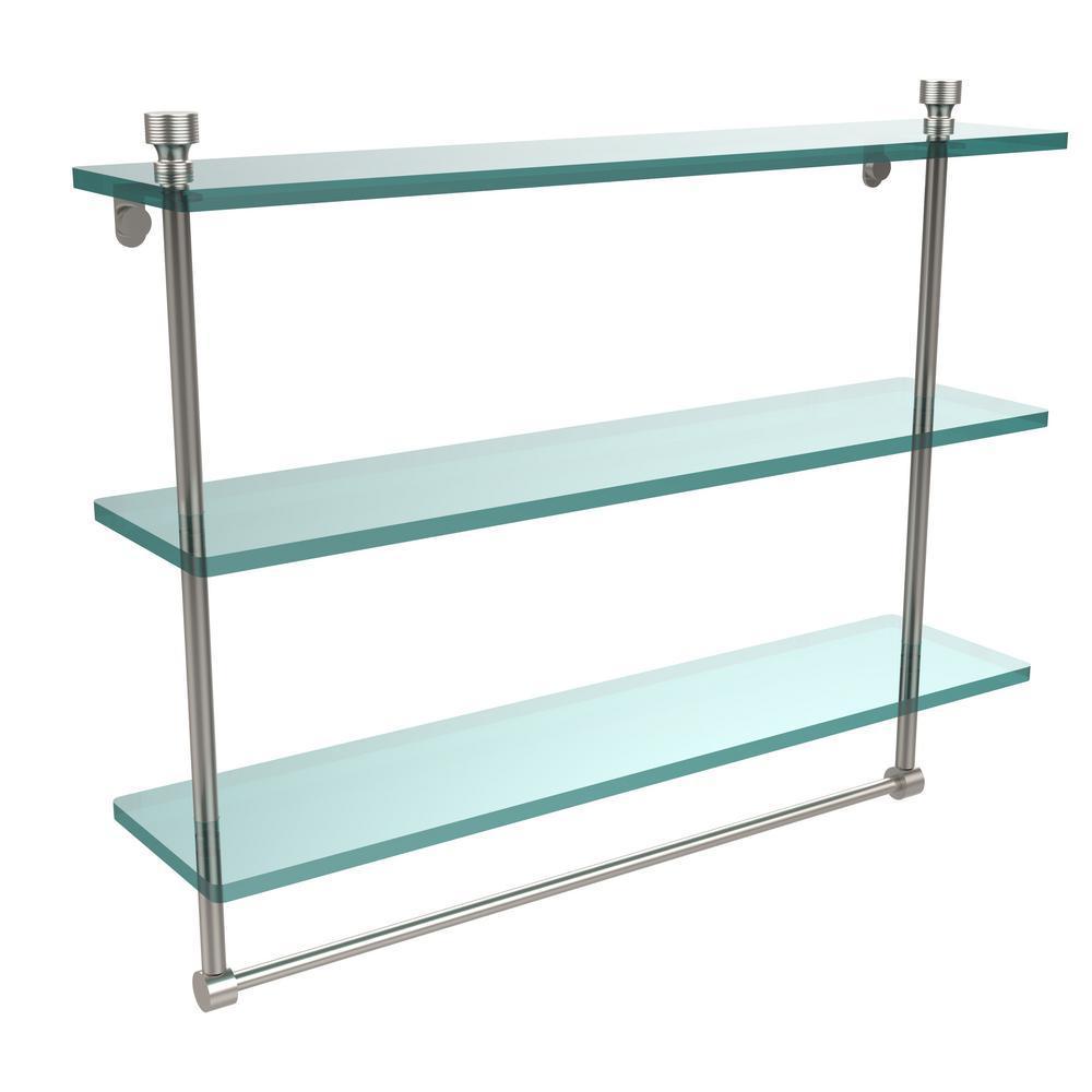 Foxtrot 22 in. L x 18 in. H x 5 in. W 3-Tier Clear Glass Bathroom Shelf with Towel Bar in Satin Nickel