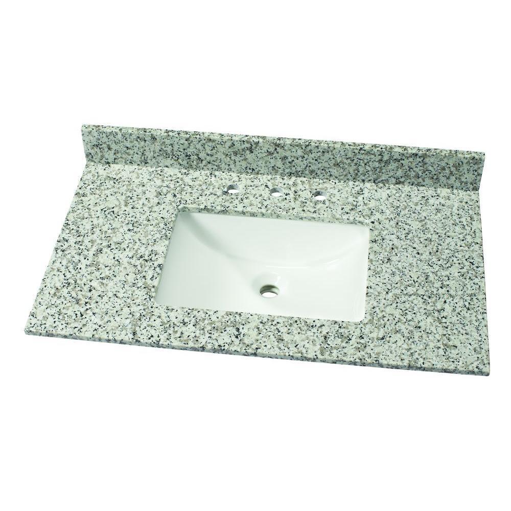 37 in. W Granite Single Vanity Top in Blanco Perla with White Sink