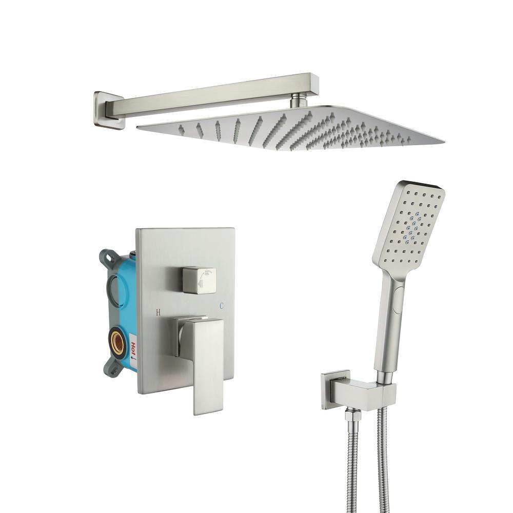 3-Spray with 2.5 GPM 12 in. 2 Functions Tub Wall Mount Dual Shower Heads in Spot in Brushed Nickle (Valve Included)