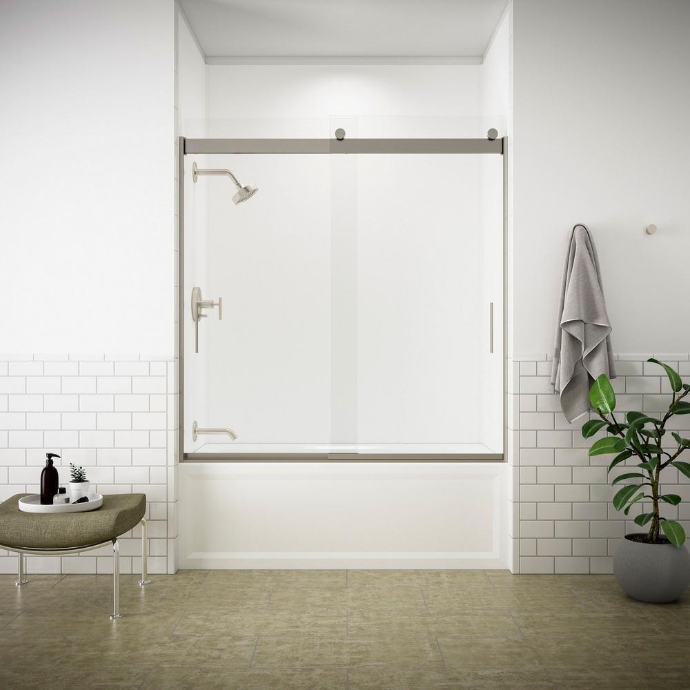 Levity 57 in. x 59.75 in. Semi-Frameless Sliding Tub Door in Nickel frame with Handle