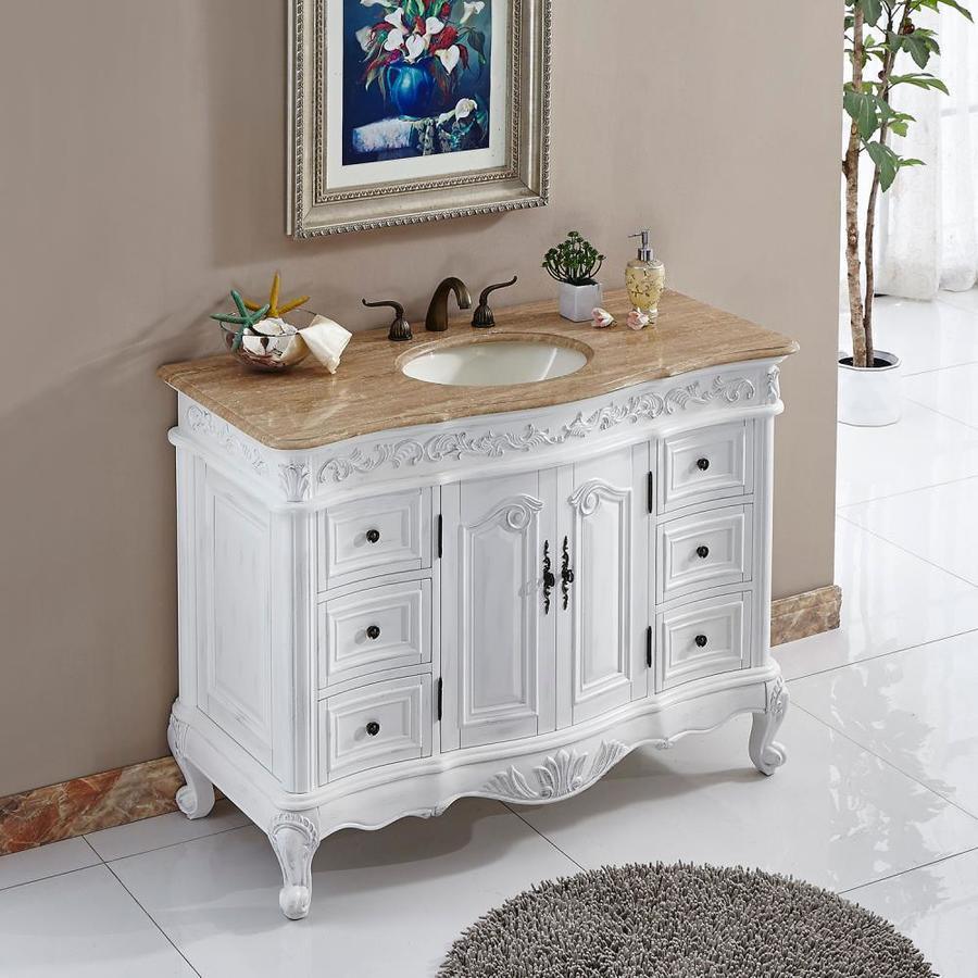 Silkroad Exclusive 48-in Antique White Single Sink Bathroom Vanity with Travertine Top