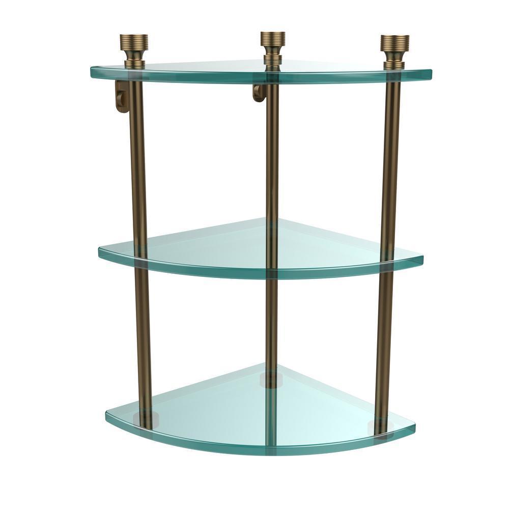 Foxtrot 8 in. L x 15 in. H x 8 in. W 3-Tier Corner Clear Glass Bathroom Shelf in Brushed Bronze