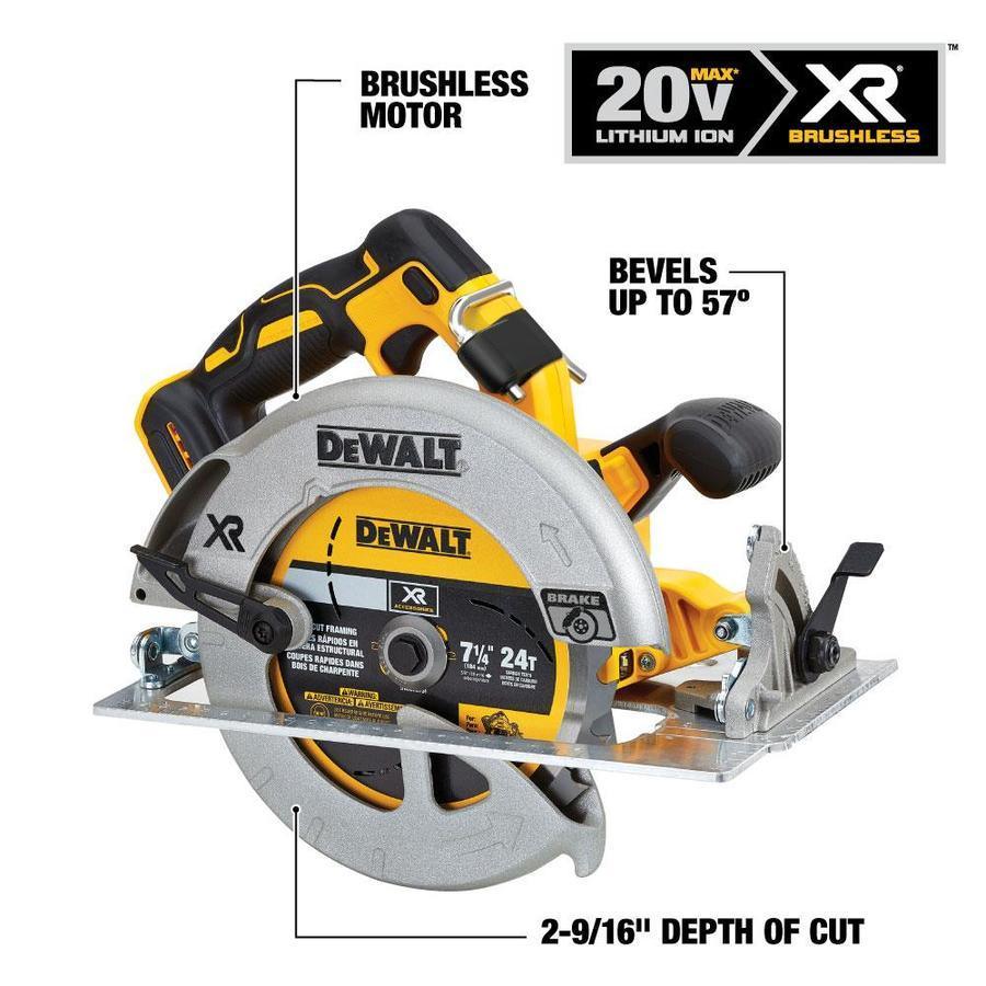DEWALT XR 20-Volt Max 7-1/4-in Brushless Cordless Circular Saw with Brake and Aluminum Shoe