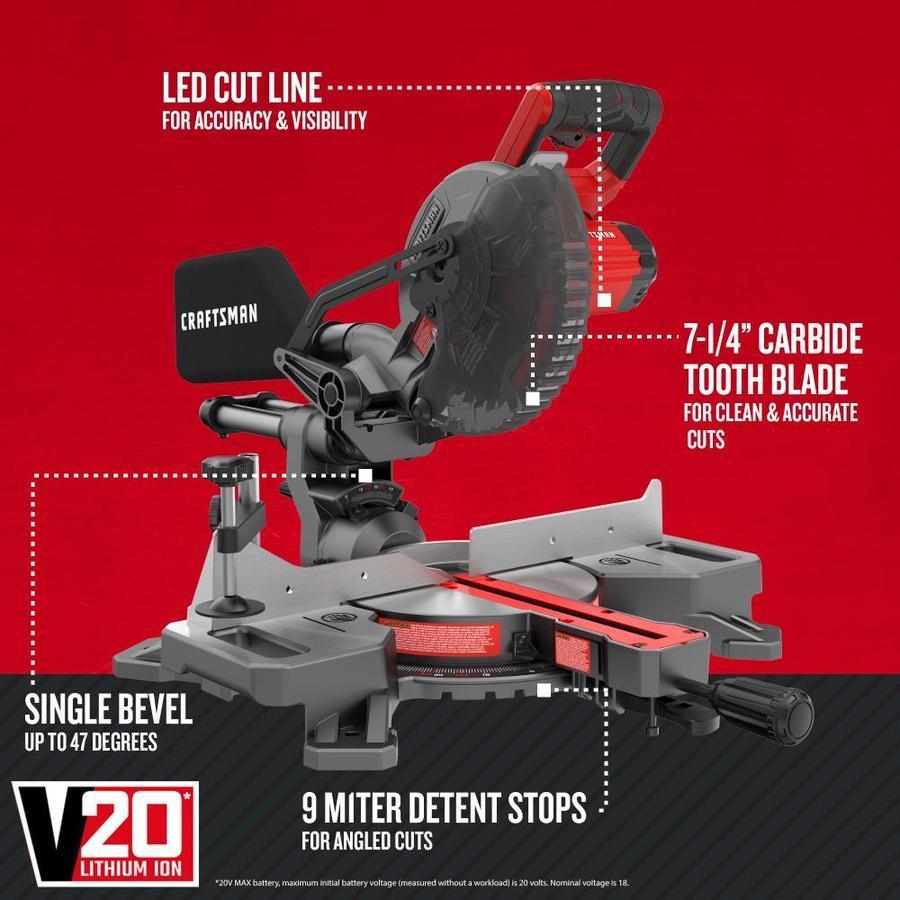 CRAFTSMAN V20 7-1/4-in 20-Volt Max Single Bevel Sliding Compound Cordless Miter Saw