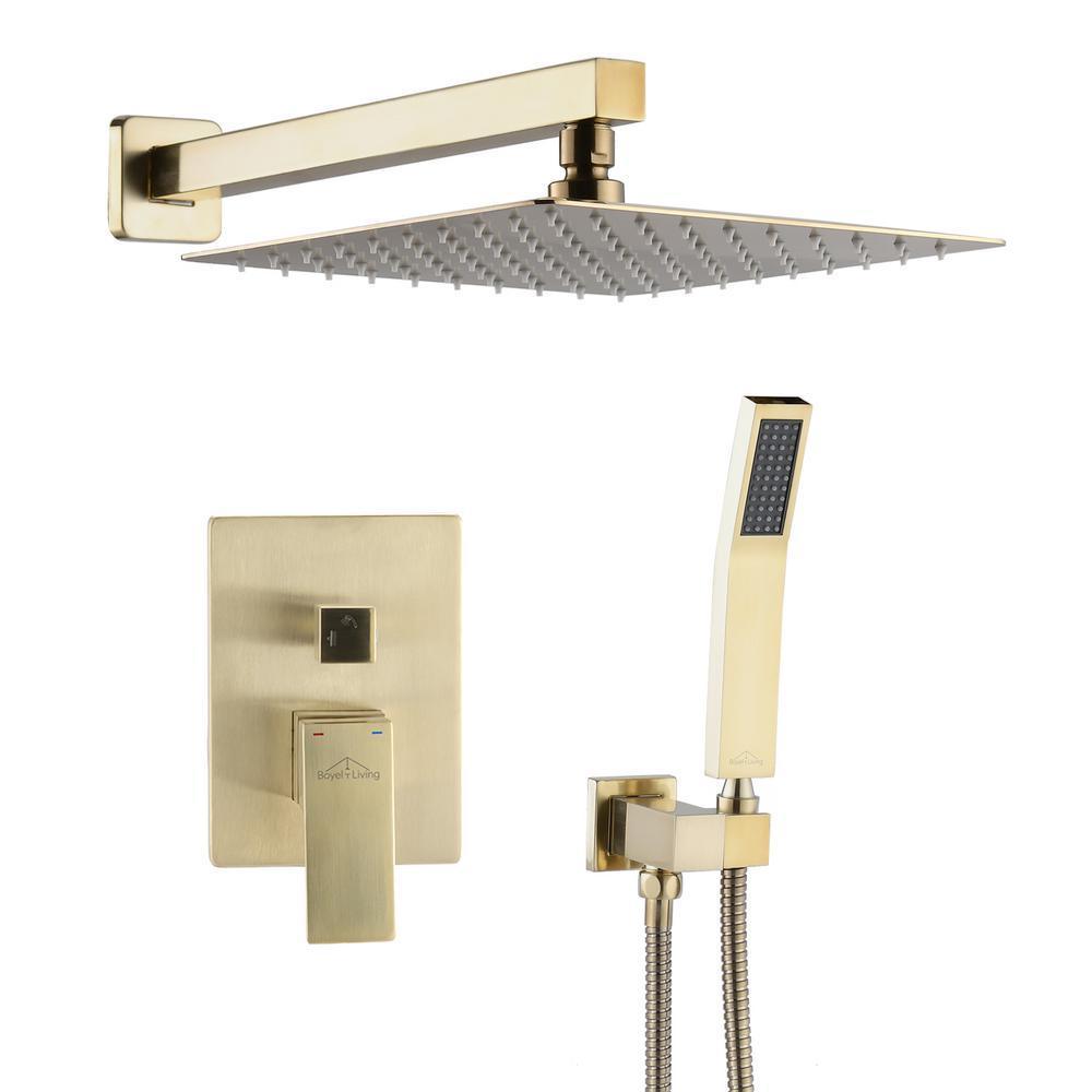 Shower System Wall Mounted with 10 in. Square Rainfall Shower head and Handheld Shower Head Set, Brushed Gold