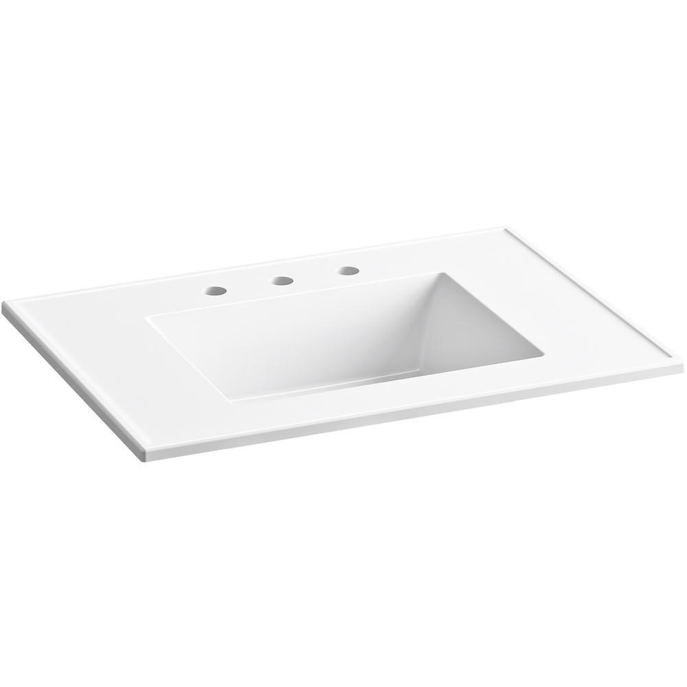 Ceramic/Impressions 31 in. W. Rectangular Vanity Top with 8 in. Widespread Faucet Holes in White