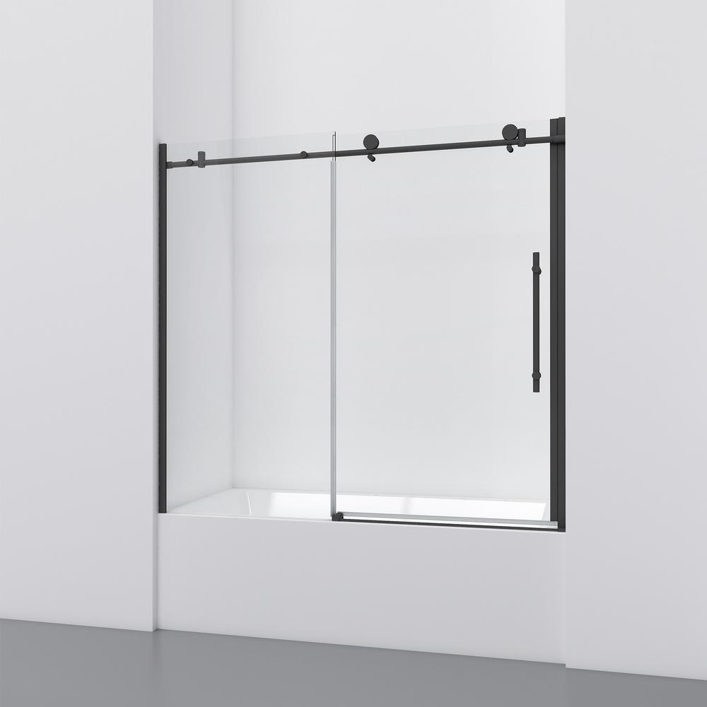 60 in. W x 59 in. H Sliding Frameless Bathtub Door in Matte Black with Clear Glass and Handle
