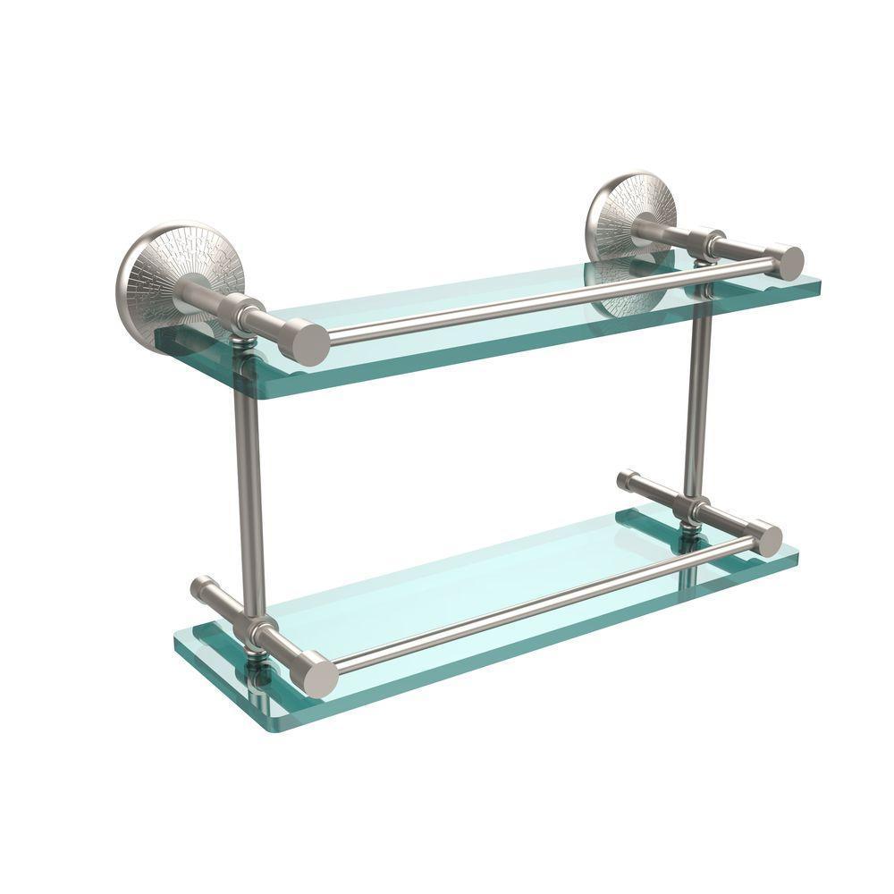 Monte Carlo 16 in. L x 8 in. H x 5 in. W 2-Tier Clear Glass Bathroom Shelf with Gallery Rail in Satin Nickel