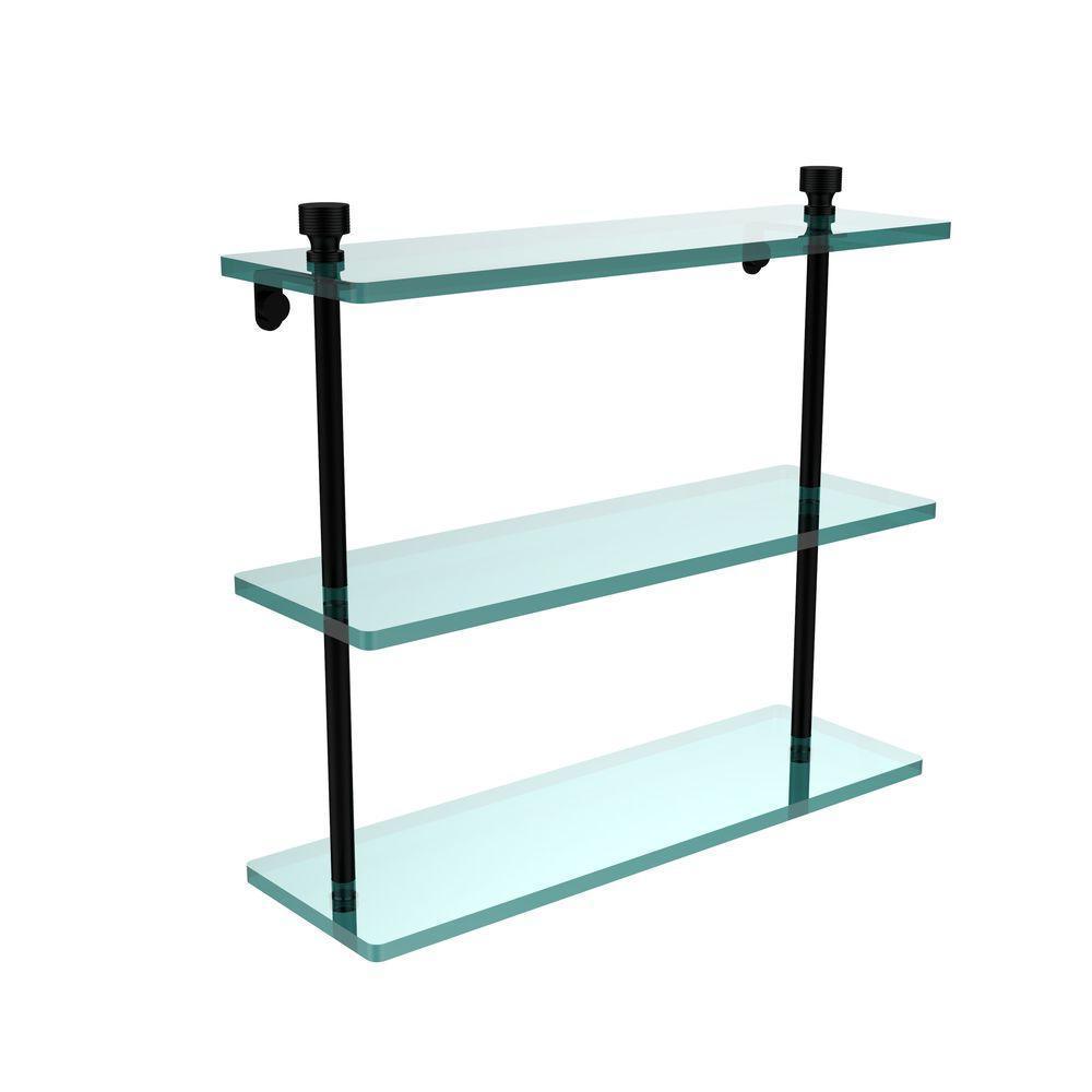 Foxtrot 16 in. L x 15 in. H x 5 in. W 3-Tier Clear Glass Bathroom Shelf in Matte Black