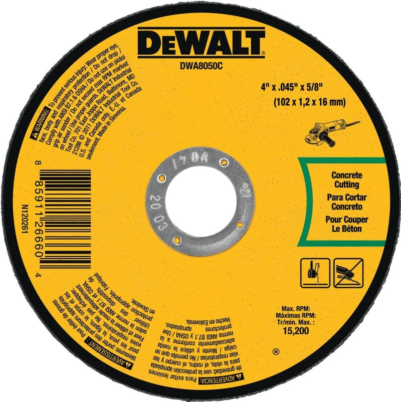 DEWALT DWA8050C Cutting Wheel, 4 in Dia, 0.045 in Thick, 5/8 in Arbor, Aluminum Oxide Abrasive