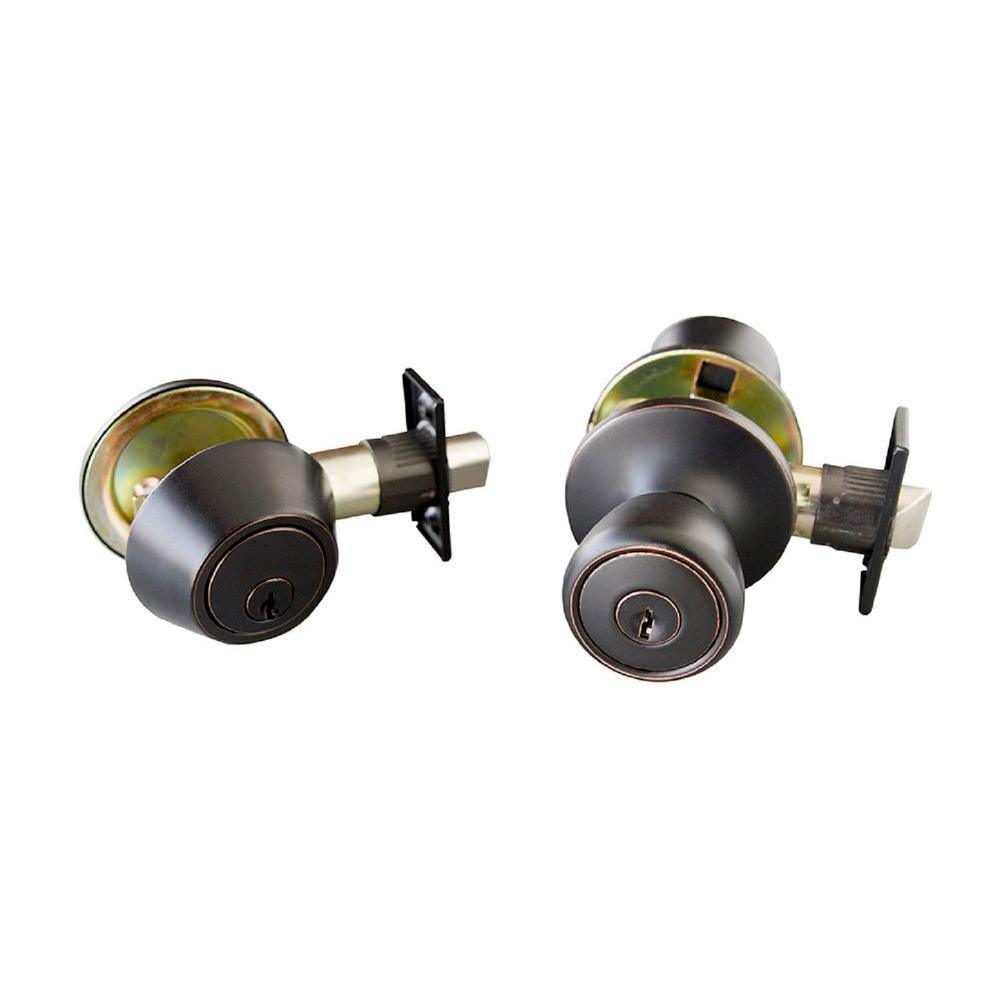 Terrace Oil Rubbed Bronze Entry Door Knob and Single Cylinder Deadbolt with Universal 6-Way Latch