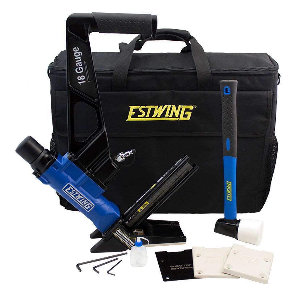Pneumatic 18-Gauge L-Cleat Flooring Nailer with Fiberglass Mallet and Padded Bag