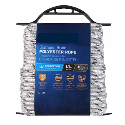 Polypropylene Diamond Braid Rope White And Gray 1/4 Inch Diameter By 100 Feet Length