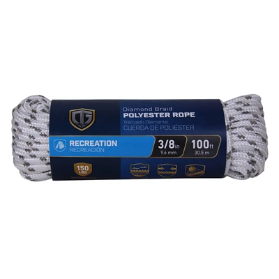 Polypropylene Diamond Braid Rope White And Gray 3/8 Inch Diameter By 100 Feet Length