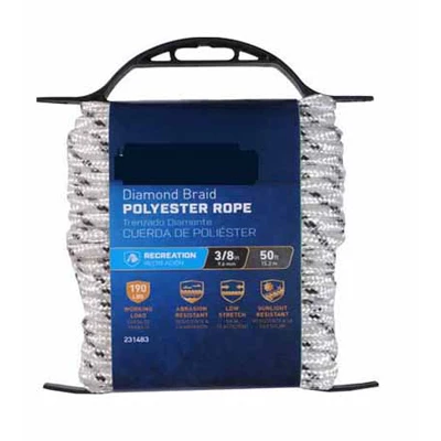 Polypropylene Diamond Braid Rope White And Gray 3/8 Inch Diameter By 50 Feet Length